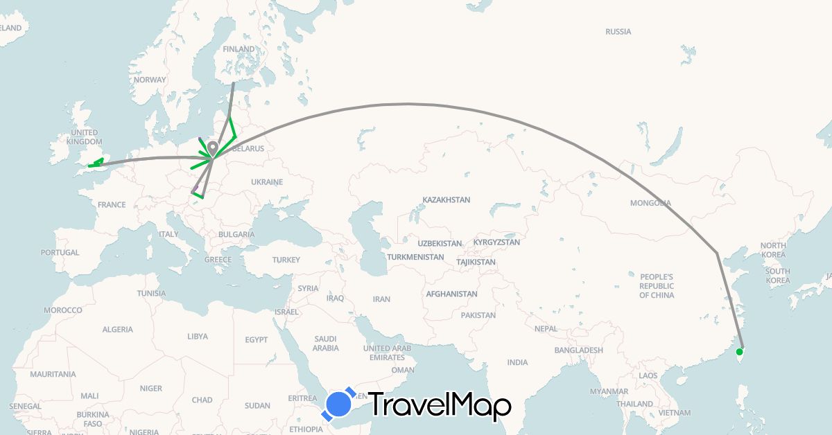 TravelMap itinerary: driving, bus, plane, train, boat in China, Estonia, Finland, United Kingdom, Hungary, Lithuania, Latvia, Poland, Slovakia, Taiwan (Asia, Europe)